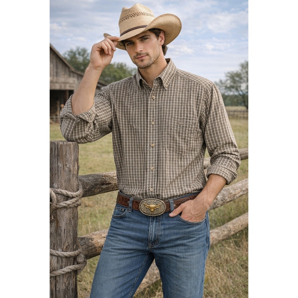 Wrangler Rugged Wear Mens Green Tan Plaid Button Down Shirt Medium RAL33PL